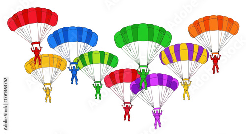 Multiple colorful parachutes with divers falling in a sky illustration