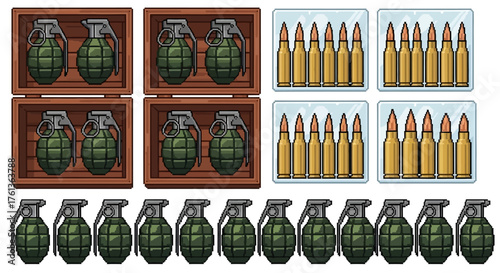 Arsenal of ammunition and grenades, boxes of military supplies, combat equipment for war