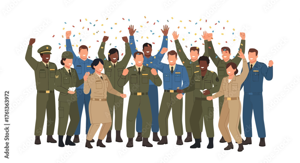 Obraz premium A diverse group of happy military soldiers celebrating a victory together with falling confetti