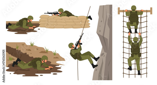 Intensive Military Training Drills Soldiers Practicing Tactical Maneuvers, Physical Obstacle Navigation, Rappelling, and Combat Readiness Exercises