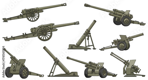 Vector set of vintage World War heavy artillery weapons, featuring various cannons and mortars for military concepts