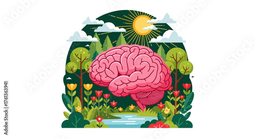Vibrant illustration of a healthy human brain flourishing amidst a serene natural landscape, symbolizing mental wellness, cognitive growth, and ecological balance