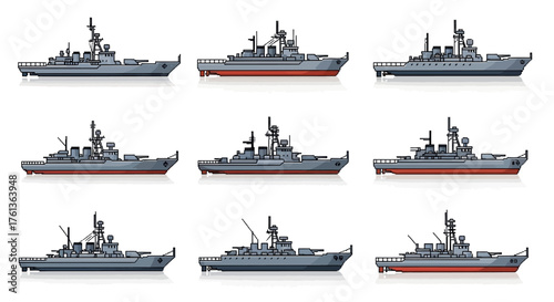 Collection of nine detailed illustrations of navy battleships, showcasing various angles and designs
