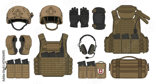 Set of isolated special forces military equipment and tactical gear including a plate carrier, helmet, and first aid kit