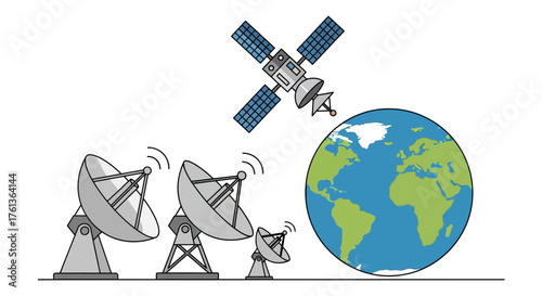 Illustration of a global satellite communication network with ground station antennas transmitting data to a spacecraft orbiting Earth