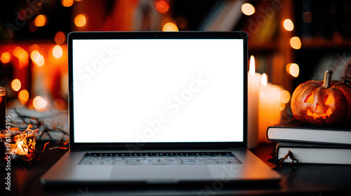 Halloween-Themed Desk: MacBook (Blank White Screen) & Black Laptop on Books, Surrounded by Candles/Pumpkin + Orange Lights, Magical with Animated Eyes
