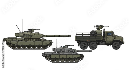 Military Vehicles Collection Tanks and Armored Truck Illustration