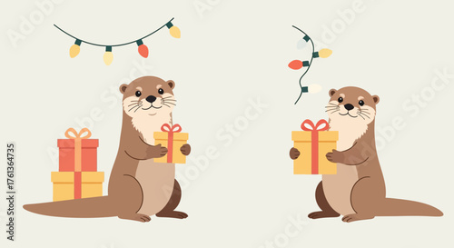 Adorable cartoon otters exchanging presents during a festive holiday celebration with string lights