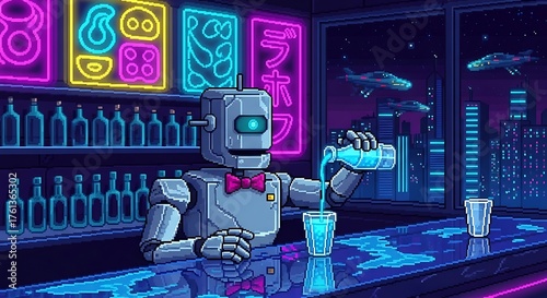 Robot bartender serving drinks in futuristic bar
