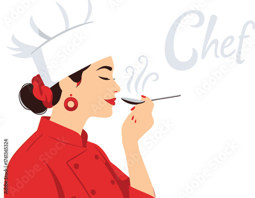 Elegant female chef in red tasting a delicious recipe, a culinary expert creating delicious food, perfect for restaurant promotion and cooking blog