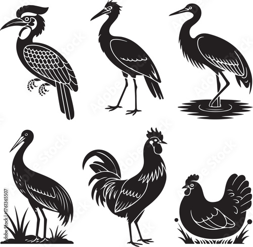 Collection of six black silhouette illustrations of various birds wildlife animals