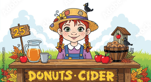 Adorable girl selling donuts and cider illustration for autumn festivals and seasonal advertising, celebrating harvest time and community events