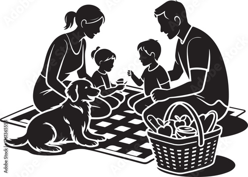 Silhouette of a family having a picnic with their dog outdoor nature
