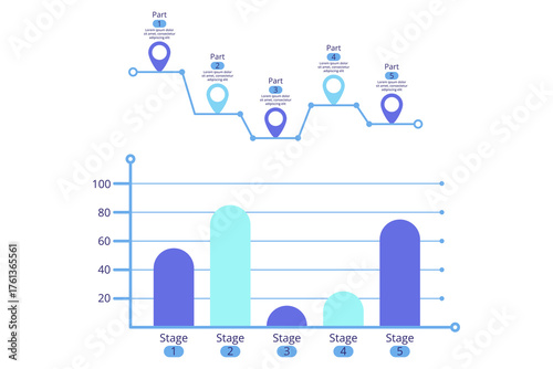Collection of infographic set illustrating different stages of process. Colorful bars and markers representing data points over time