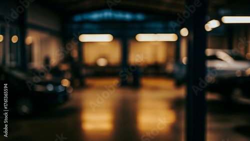 Blurry interior of a dark auto repair shop with warm light reflections across car bodies, showing a calm yet gritty space where metal, oil, and quiet craftsmanship meet under soft golden illumination.