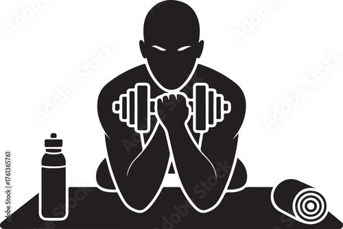 Silhouette of a person performing bicep curls with dumbbells in a gym setting fitness workout