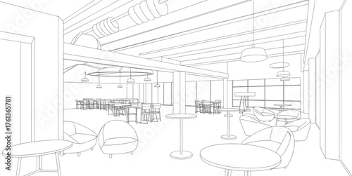 Modern industrial lounge interior with minimalist furniture, exposed ceiling beams, pendant lights, open layout, communal seating, and natural lighting design
