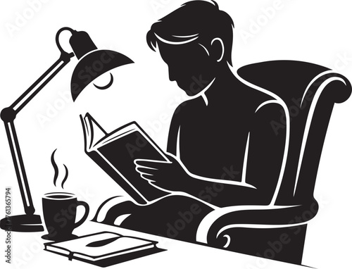 Silhouette of a Person Reading a Book by Desk Lamp with Coffee vector illustration