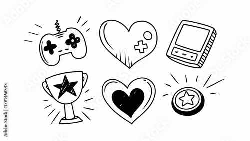 Doodle gaming icons set joystick console heart trophy coin vector illustration