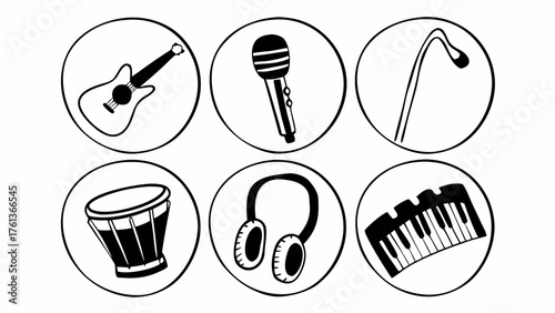 Set of 6 doodle style music icons guitar microphone headphones drums piano