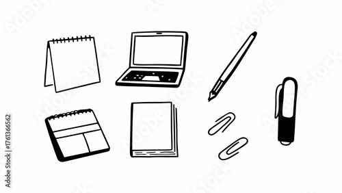 Hand-drawn office supplies vector set notebook pen laptop paperclips and marker