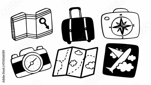 Doodle travel icons set airplane suitcase camera map compass vector illustration
