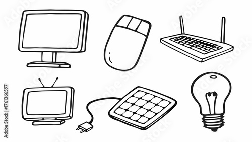Doodle set of 6 technology items vector graphics scalable icons eps illustration