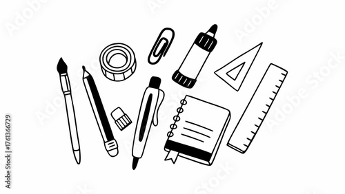 Hand drawn stationery essentials vector illustration set office school supplies doodle