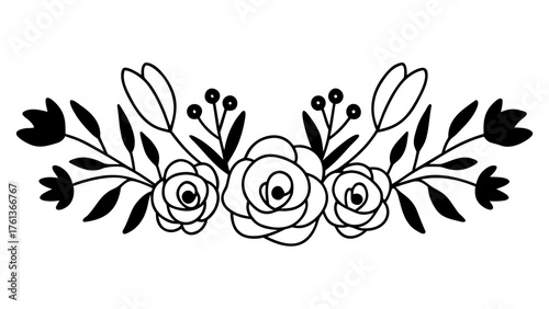 Delicate black and white floral doodles roses tulips leaves vector illustration