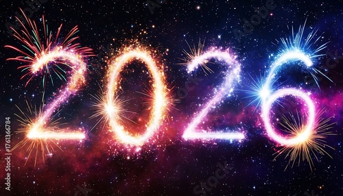 2026 illuminated in glowing fireworks and sparklers against a dark night sky, festive countdown celebration for the New Year