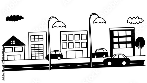 Minimal cityscape doodles buildings street lamps cars scalable vector illustration