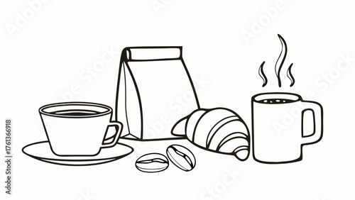 Vector doodle illustration of coffee cup croissant coffee beans and bag