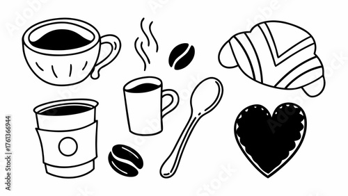 Doodle set of 6 coffee icons cup mug bean croissant spoon heart vector illustration