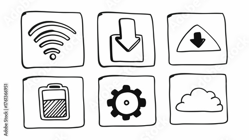 Doodle style digital icons set wi-fi upload download battery settings cloud vector