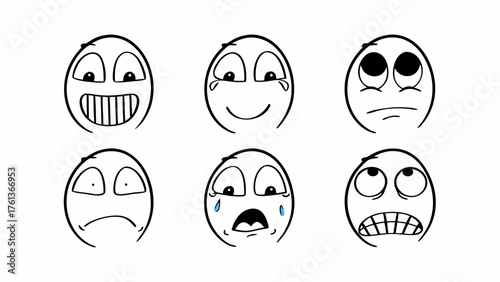 Vector doodle set of six emotion faces happy sad surprised icon illustration