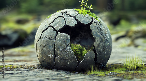 Cracked stone sphere with green moss and plants in nature
