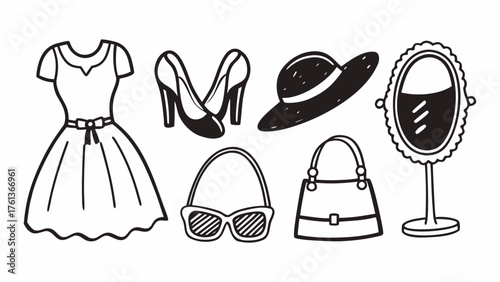 Set of 6 fashion doodles vector scalable icons dress shoes hat bag mirror sunglasses