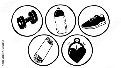Doodle set of 6 fitness icons dumbbell sneaker water bottle yoga mat heart