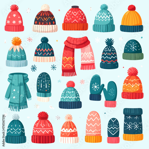 Collection of winter hats, scarves, and mittens cozy winter clothing set for cold weather