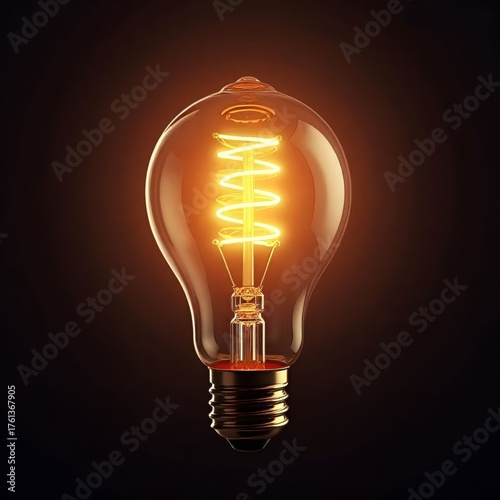 Glowing Vintage Light Bulb with Spiral Filament, Warm Illumination Concept, Bright Edison Bulb on Dark Background, Innovation and Energy Idea Symbol.