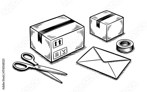 Shipping and Mailing Supplies Boxes Envelope Tape and Scissors for Packing and Delivery