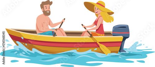 Cartoon boat ride, couple paddling, summer lake, yellow motorboat, outdoor adventure, vibrant colors, leisure activity, water splash, fun, travel
