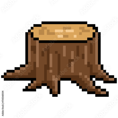 Pixel cut tree trunk roots vector. Ideal for nature, logging, and environmental damage themes. This digital graphic is perfect for game, retro game, or 8 bit design projects and assets.