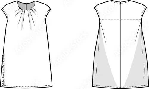 Technical flat sketch of sleeveless A-line dress with pleated neckline and back yoke design, fashion vector template illustration