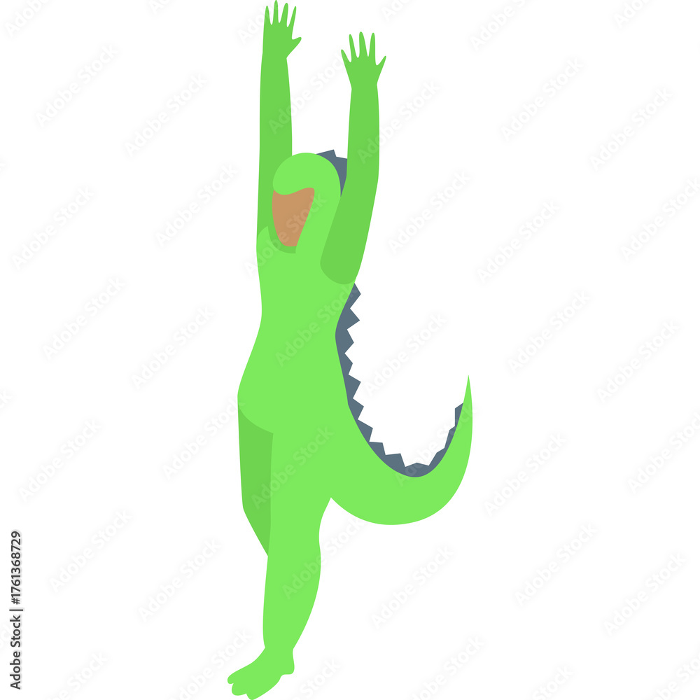 Obraz premium Green Dinosaur Costume Character Dancing with Arms Raised in Celebration on White Background