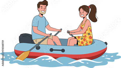 Cartoon couple boating, inflatable boat, summer lake, paddling together, water splash, outdoor fun, vibrant colors, travel, leisure, teamwork