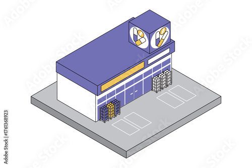 アイソメトリック日本にありそうなドラッグストアのツートンカラーの建物アイコン素材