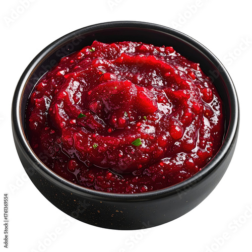 Vibrant Lingonberry chutney dip in a black bowl close-up delicious and appetizing isolated white background