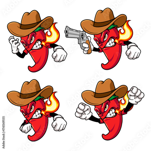 A dynamic set of four angry red chili pepper cowboy cartoon mascots in various action poses. Vector illustration of a fiery western character collection 