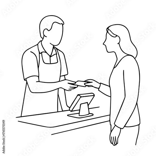 Chasier man with woman customer